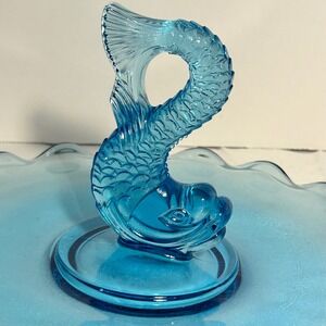 Vintage Viking Glass Blue Glass Fish Handle Scalloped Edge Tray Plate